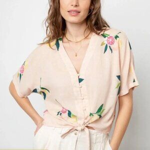 RAILS Thea Pink Grapefruit button Tie Front Cropped Linen V-Neck Top Size XS